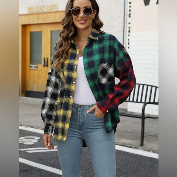 Men's Or Women's Plaid Color Block Long Sleeve Shirt - Picture 1 of 6